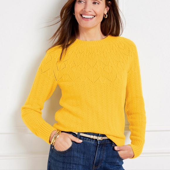 Talbots Pointelle Round Yoke Sweater Women’s L Yellow Knit Pullover Preppy Fall - Picture 1 of 6